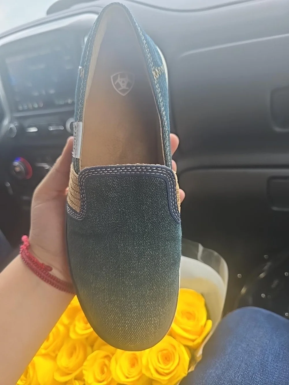 Ariat Teal Denim Slip-On Sneakers with Tan Elastic